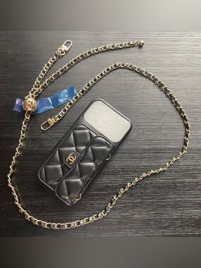 iPhone 17 Pro Max Black Quilted Leather Crossbody Phone Case with Gold Hardware